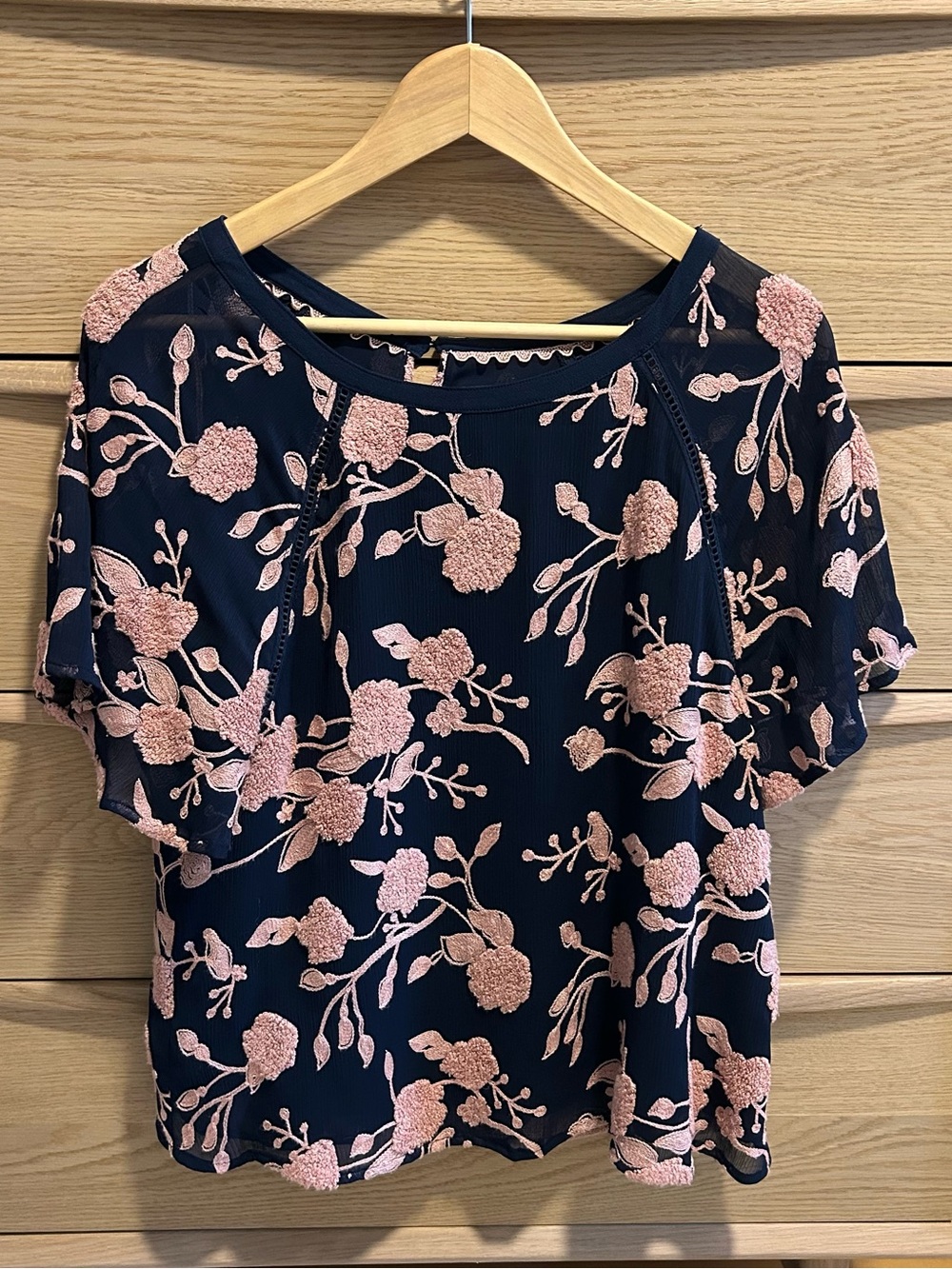 Maeve by Anthropologie Navy and Pink Embroidered Top Size S